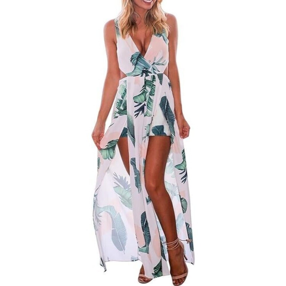 LKOUS Sleeveless V-Neck Split Long Dress Floral Print Maxi Dress Women 2XL